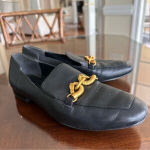Tory Burch Black Leather Loafers with Gold Hardware